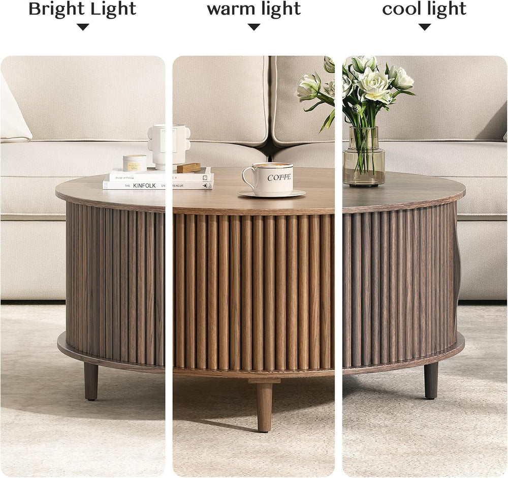 JOINICE 31.5" Round Coffee Table with Storage for Living Room, Walnut