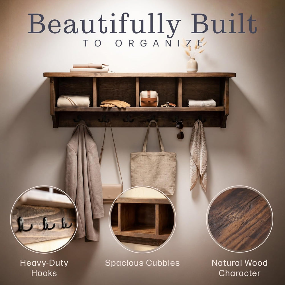 Pomona Solid Wood Entryway Coat Rack with Cubbies, Rustic Brown, 48”