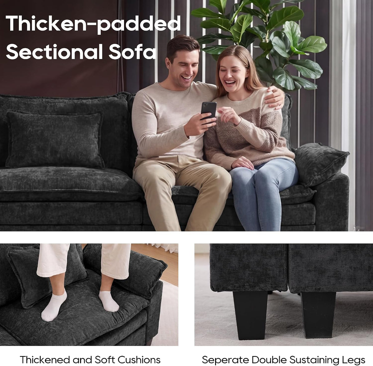 URRED Oversized Modular Sectional Sofa，Black：87" L Shaped
