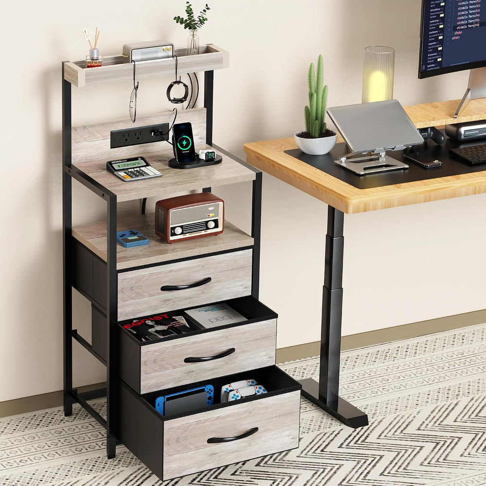 SZLHANJZ Nightstand Set of 2, with Charging Station, 3 Fabric Drawers