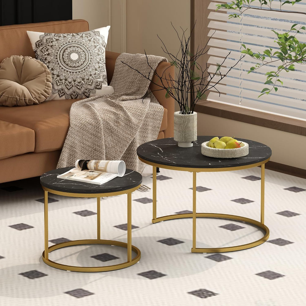 27.56 inch Small Round Nesting Coffee Table Set of 2 for Living Room, Wood Gr...