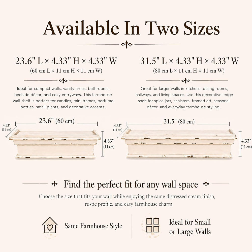 23.6 Inch Distressed White Wall Shelf, Rustic Farmhouse Floating Shelf