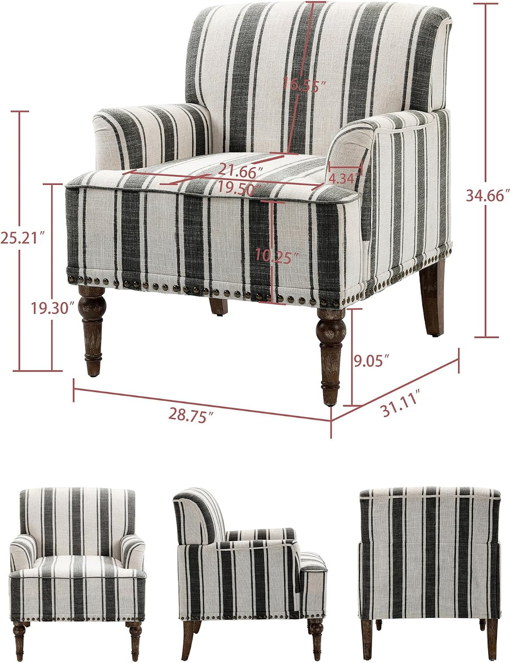 Mid-Century Modern Accent Chair, Black Stripe, Set of 1