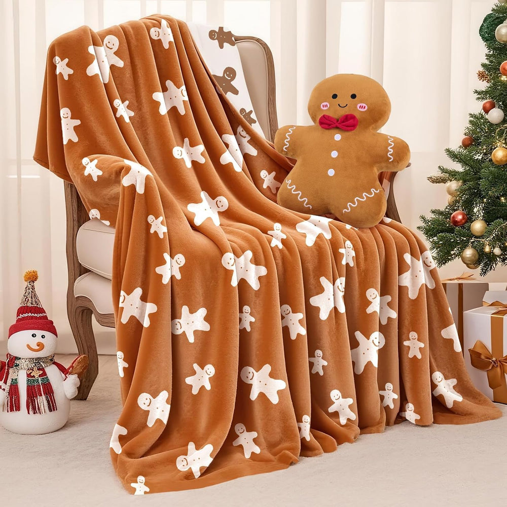2pcs Gingerbread Man Christmas Throw Blanket and Pillow Set