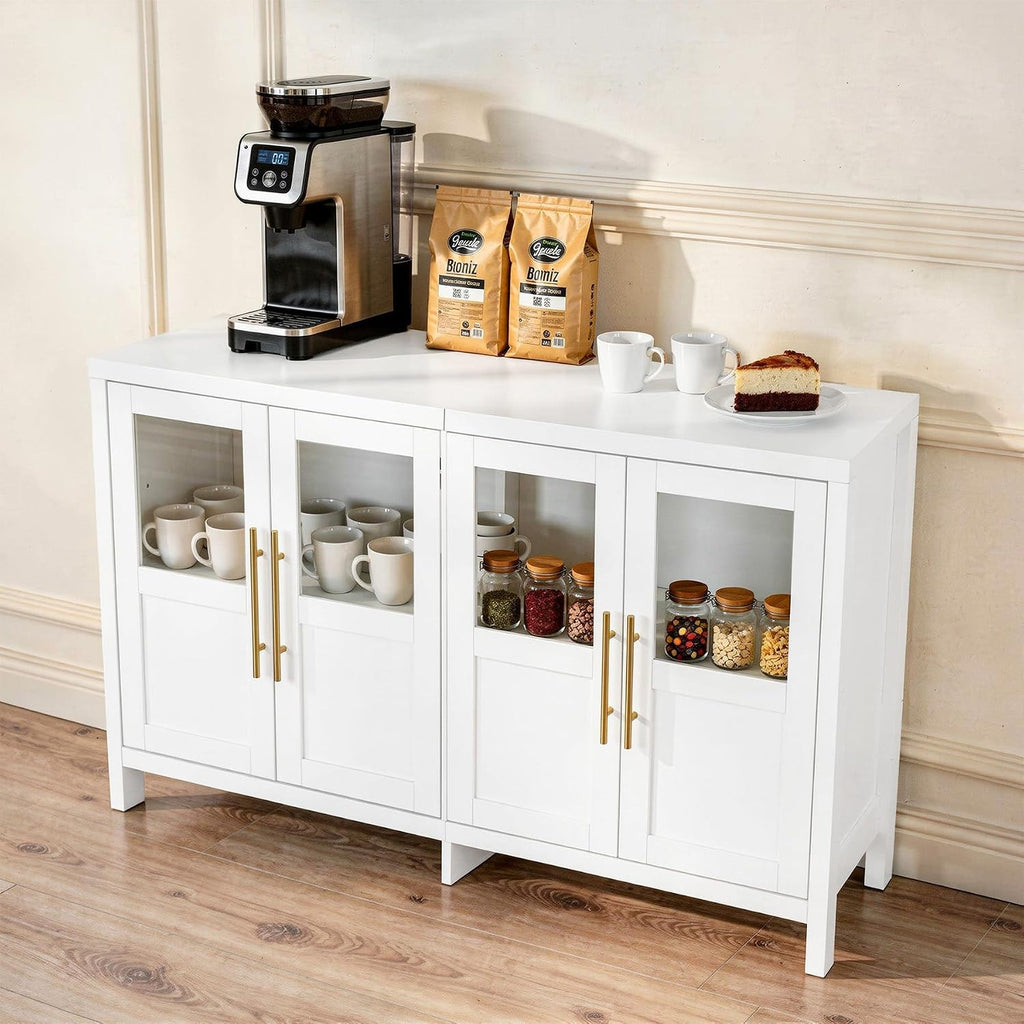 55" Sideboard Cabinet with Glass Doors, Large Buffet Cabinet with Storage and Shelves, Modern Accent Console Table for Dining Room Living Room Entryway (White a)