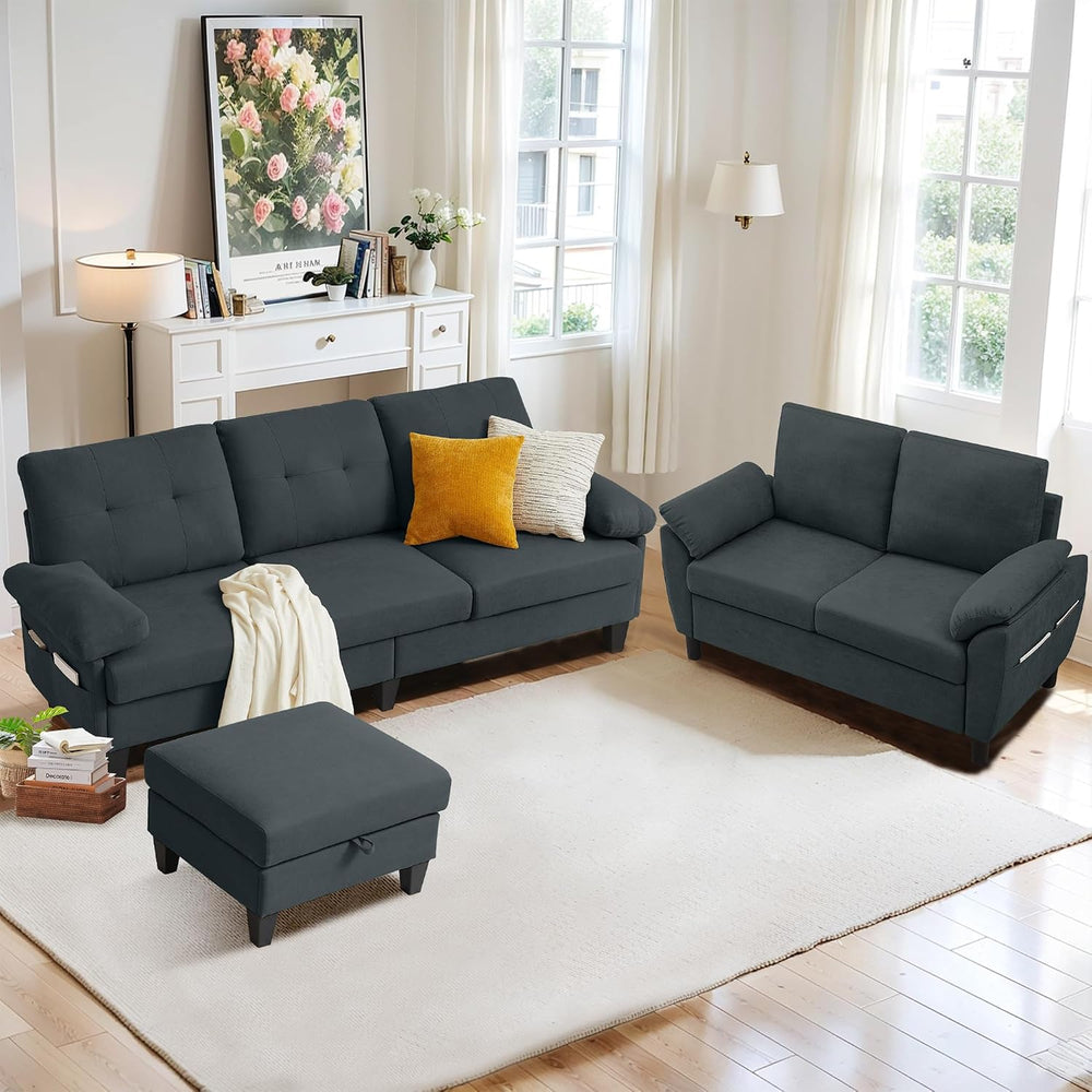 3 Piece Convertible Sectional Sofa Set, Modern Corduroy Small Couch with Mova...