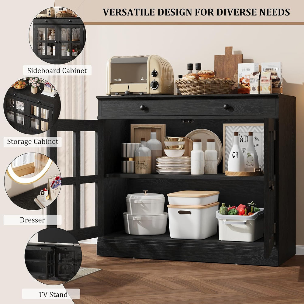GarveeHome Modern 35.4" Sideboard Buffet Cabinet with Glass Door, Black