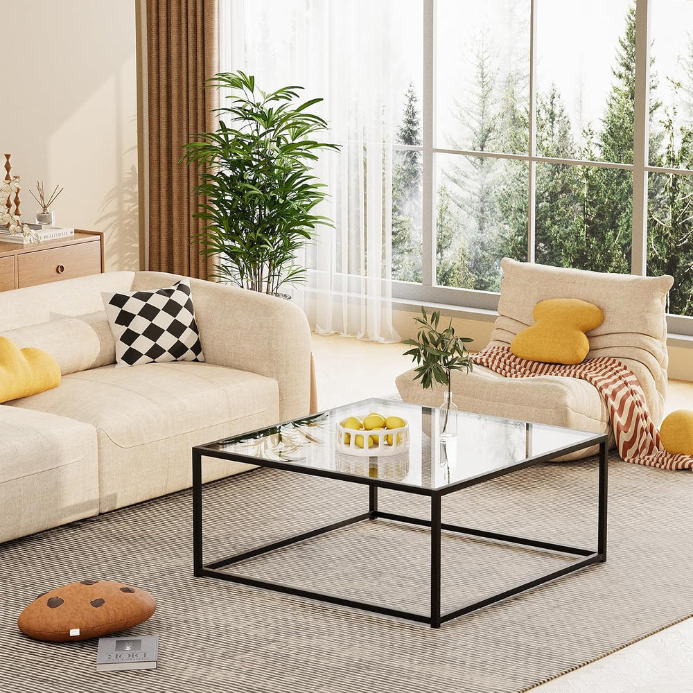 Black Glass Coffee Table for Living Room,Square Coffee Tables for Small Space...
