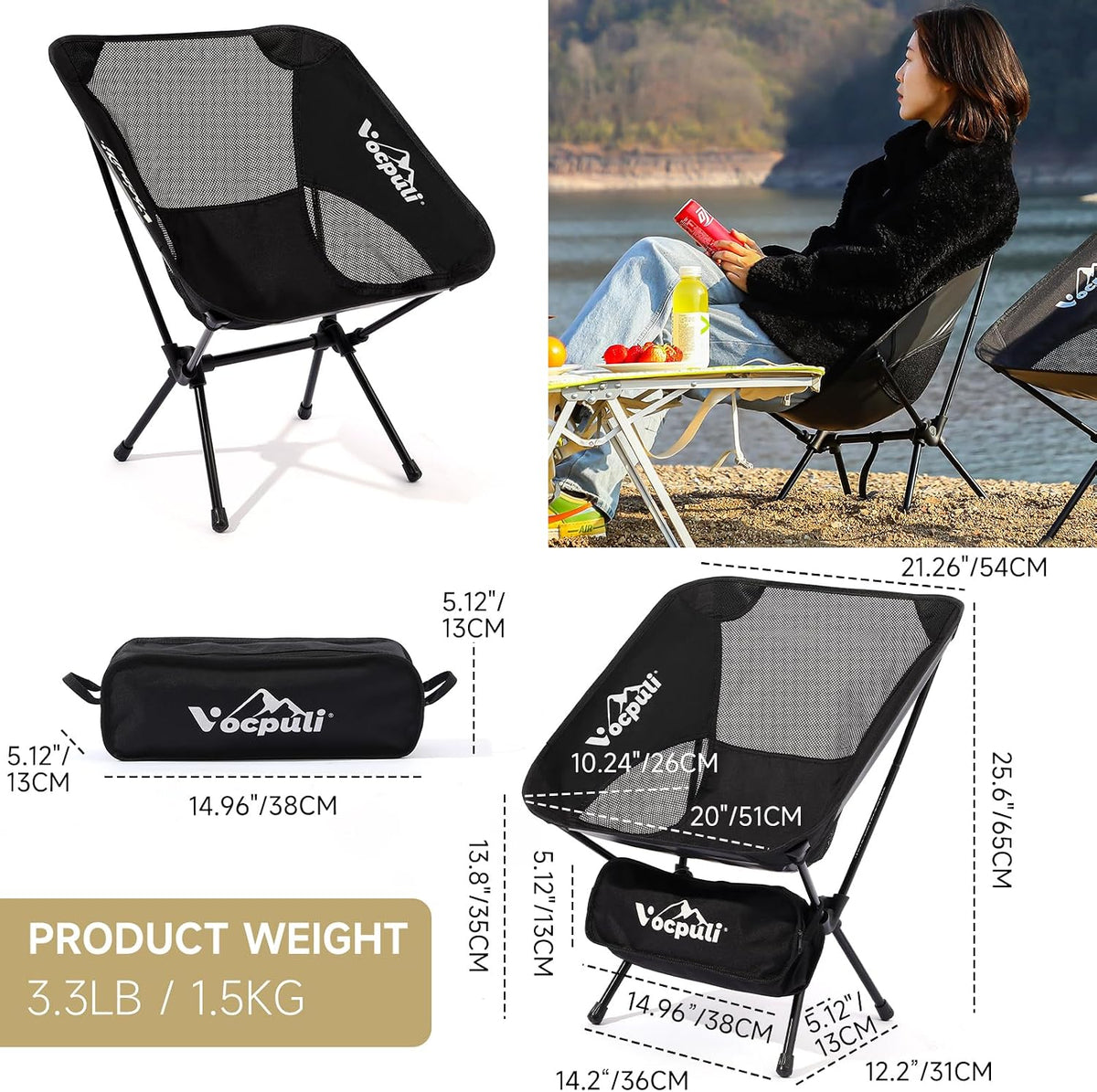 Camping Chair, Lightweight Folding Backpacking Hiking Chair, Compact Portable 330 lbs Capacity，Gifts for Men (Black -1pack