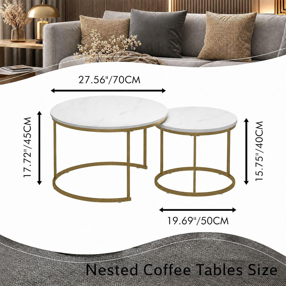 White Round Nesting Coffee Table Set of 2, Marble Pattern Top with Gold Metal Frame, 27.6" & 19.7" Nesting Side Table for Living Room, Space Saving