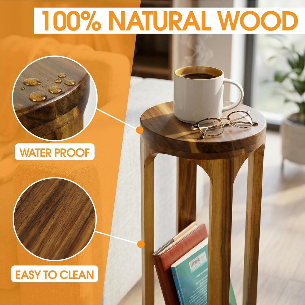 ENKEZI No Assembly Small Side Table, 24 Inch Tall Real Acacia Wood Slim End T...