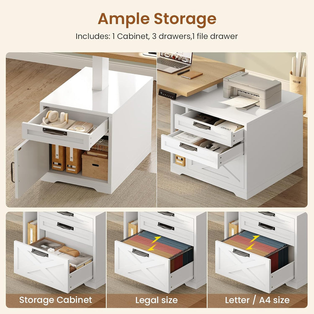 SEDETA Farmhouse L Shaped Standing Desk, 70.1" x 73.2" Height Adjustable Home Office Executive Desk with Drawers, Power Outlet, Monitor Stand, Sit Stand Table with Led Lights for Home Office, Oak
