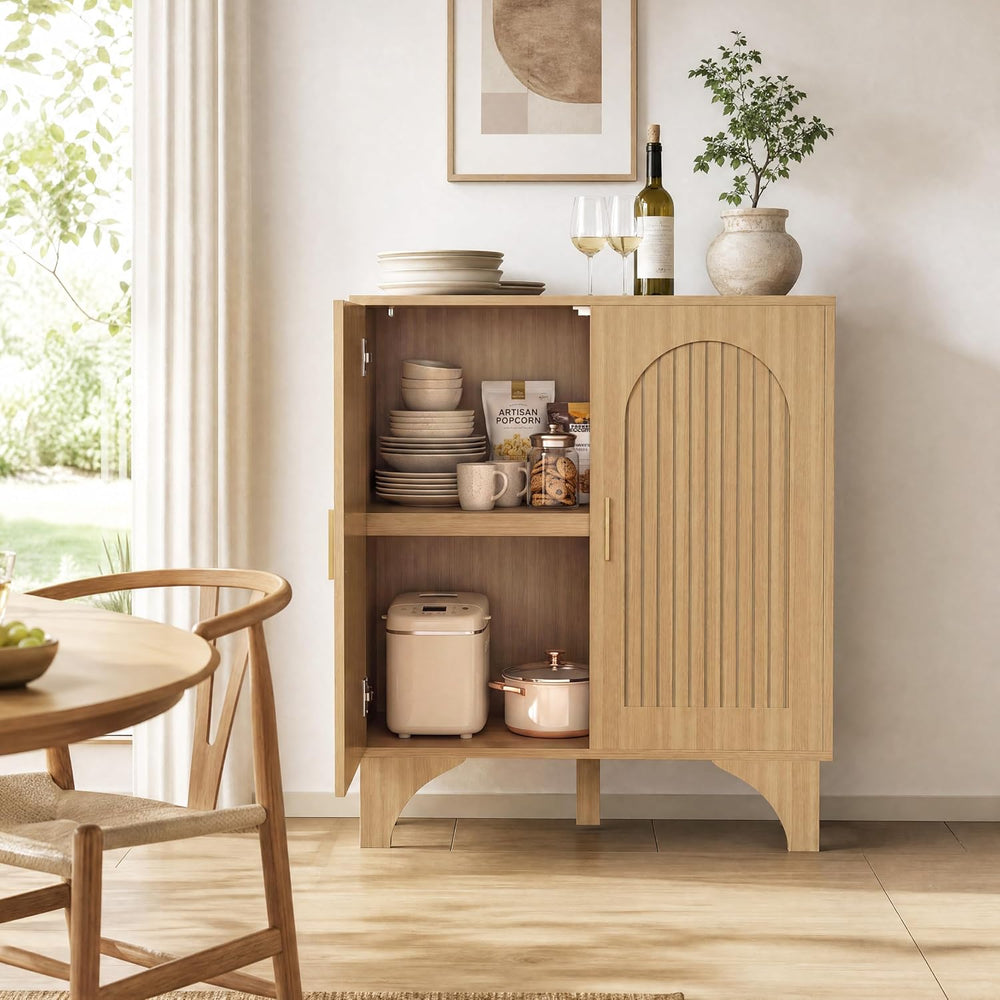 Mid Century Modern Buffet Cabinet Arched Doors Natural Storage Sideboard