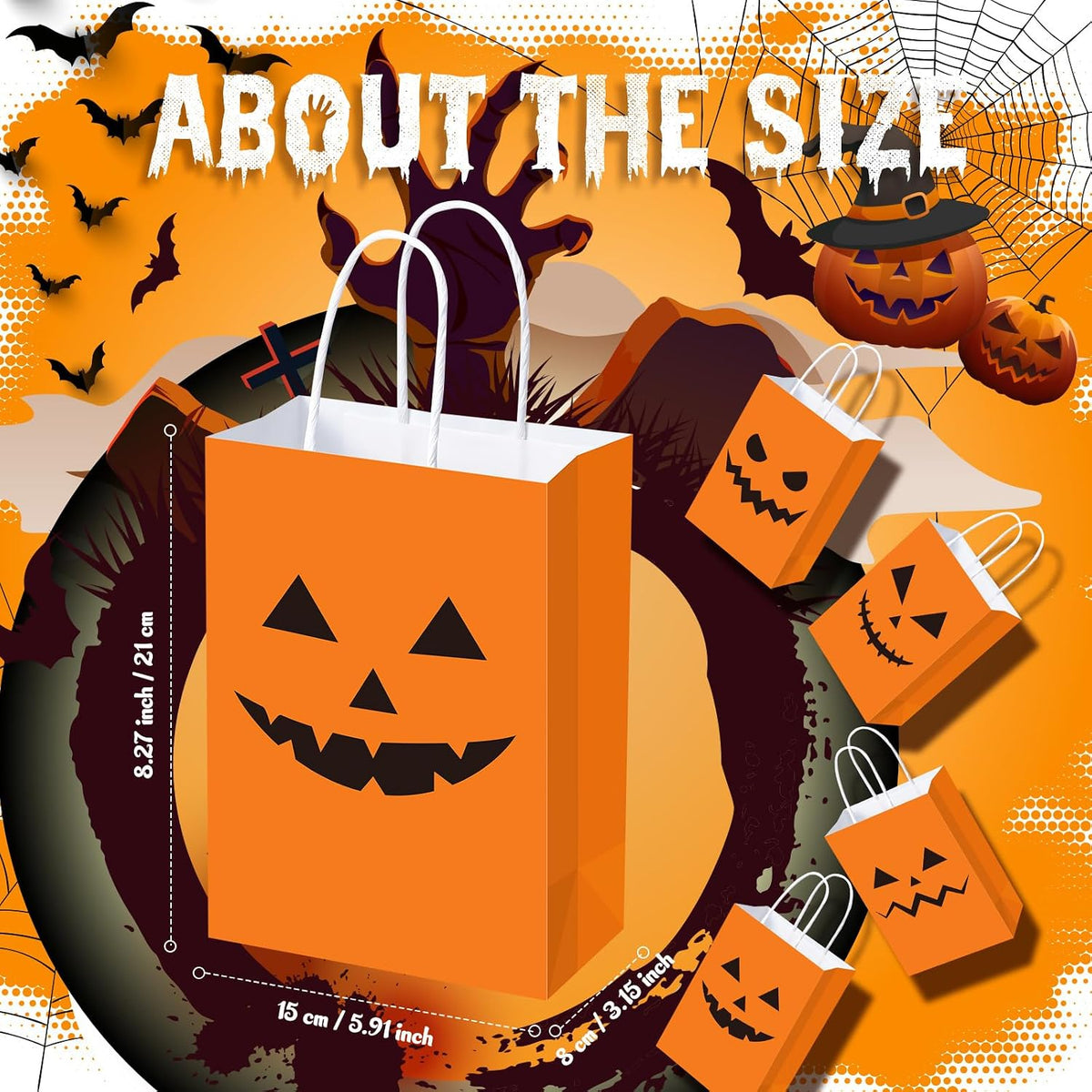 Ireer 100 Pcs Halloween Pumpkin Gift Bags Paper Treat Sacks with Handles
