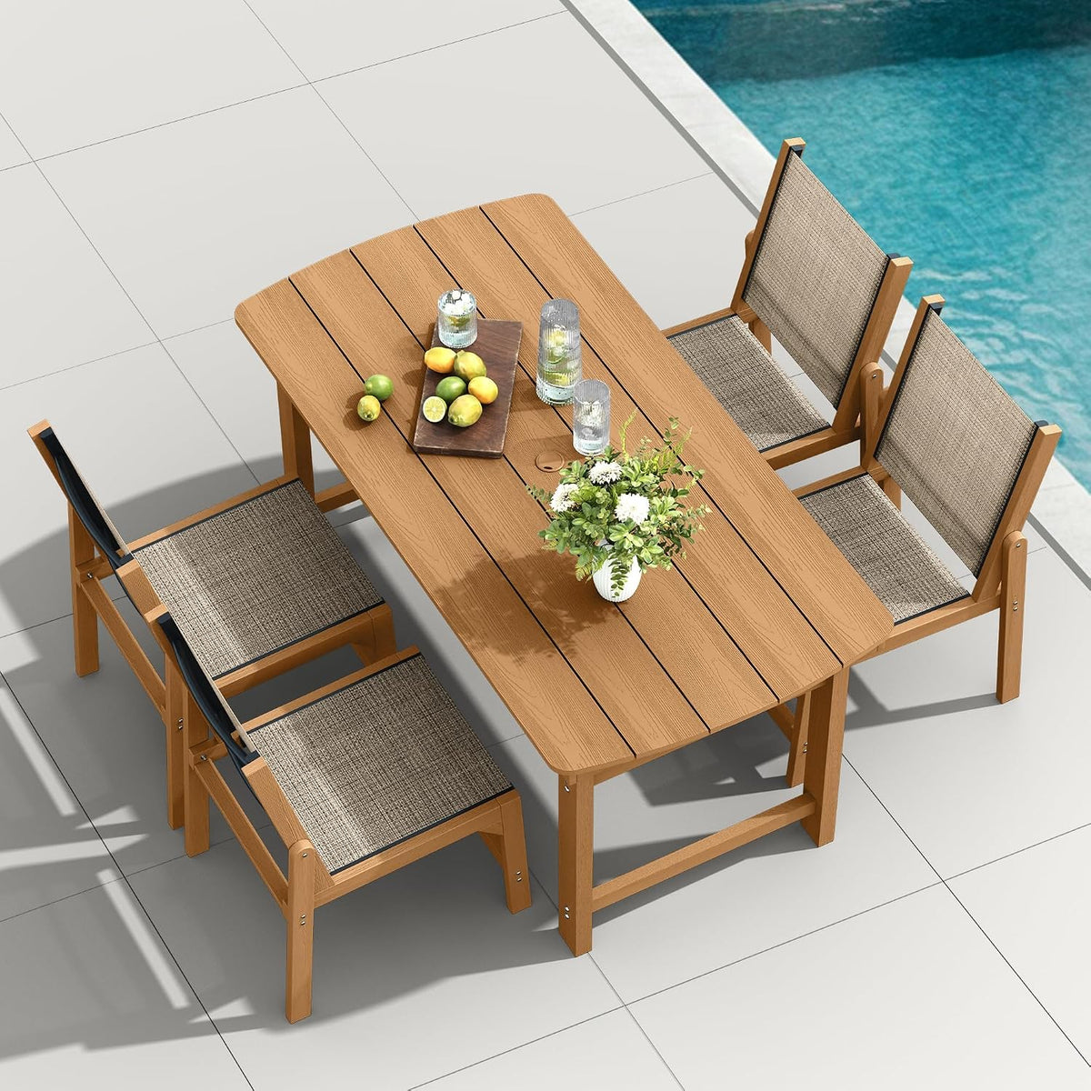 HDPE Outdoor Dining Set, Patio Table and 4 Stackable Armless Chairs, Teak