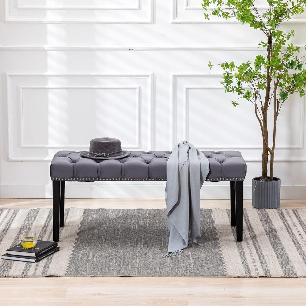 KCC Button-Tufted Ottoman Bench, Velvet Bedroom Benches,Dark Gray