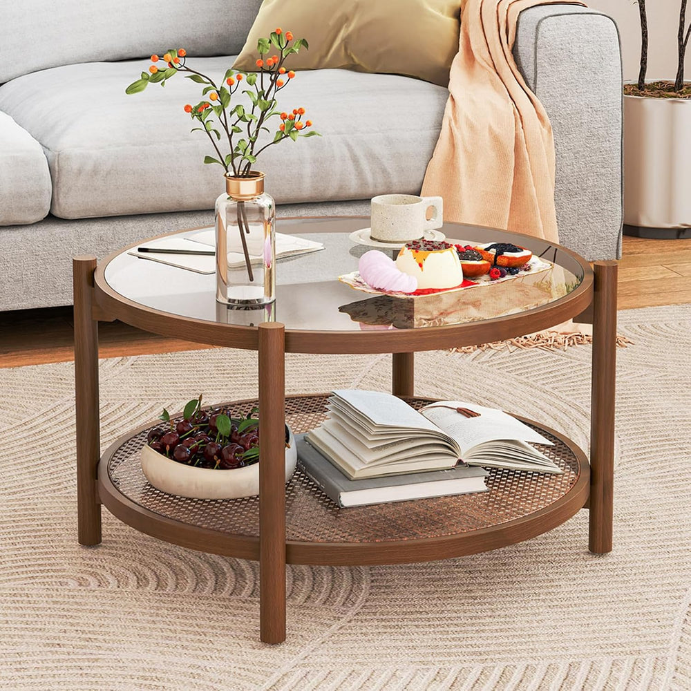 GIANTEX Rattan Coffee Table, Boho Round Glass Tea Table with PE Rattan Storag...