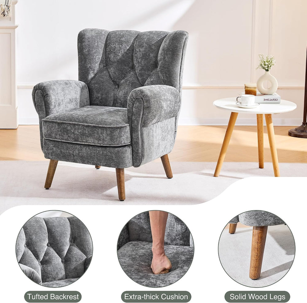 Chenille Wingback Accent Chairs Set of 2, Mid-Century Modern Living Room Armc...