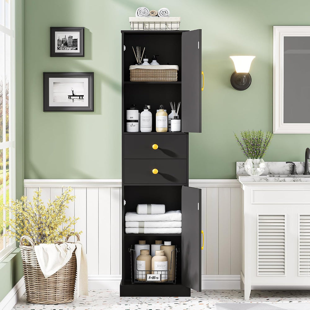 Tall Bathroom Storage Cabinet with 2 Drawers, Farmhouse Narrow Storage Cabine...
