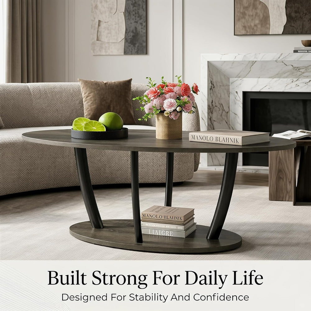 Manora Rustic Small Oval Coffee Table for Living Room, Narrow Wood Center Tab...
