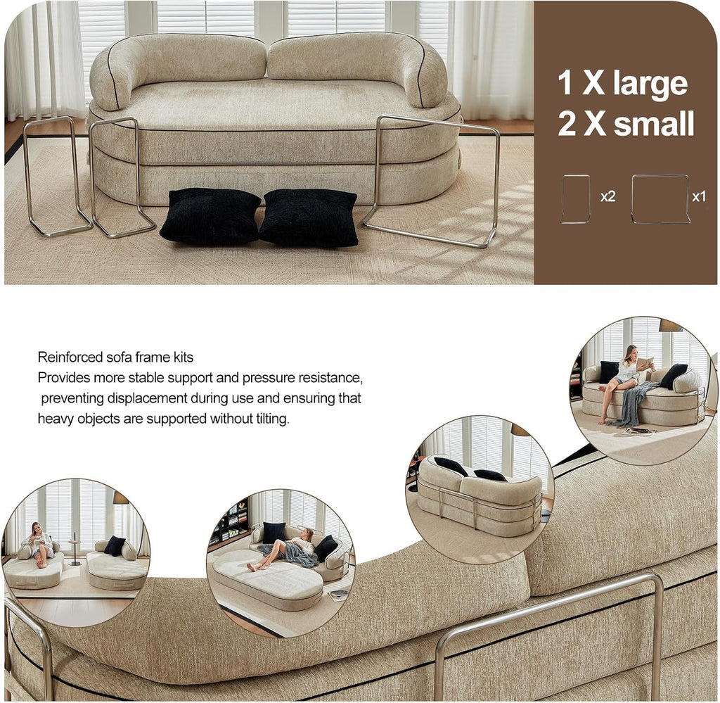 4-in-1 Folding Convertible Sofa Bed, 78 Inch Compression Oversized Corduroy Upholstered Boneless Couch with Fixed-Shape Frame, Loveseat Sleeper with Pull Out Bed, Modular Futon Couch,Beige