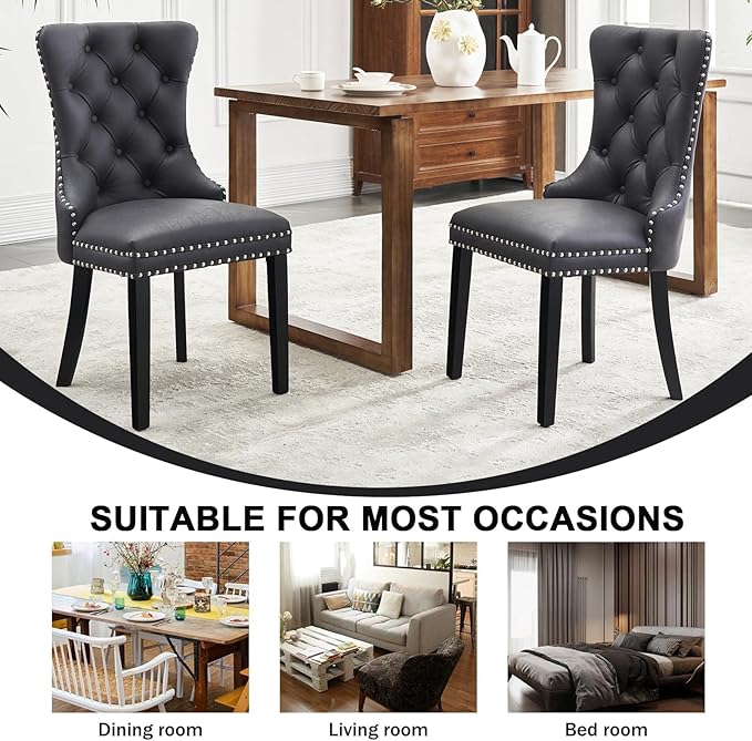 Kiztir Leather Dining Chairs Set of 4, Upholstered Dining Chair with Nailhead Trim and Solid Wood Legs, Luxury Wingback Dining Side Chair for Living Room, Bedroom, Kitchen (Black)