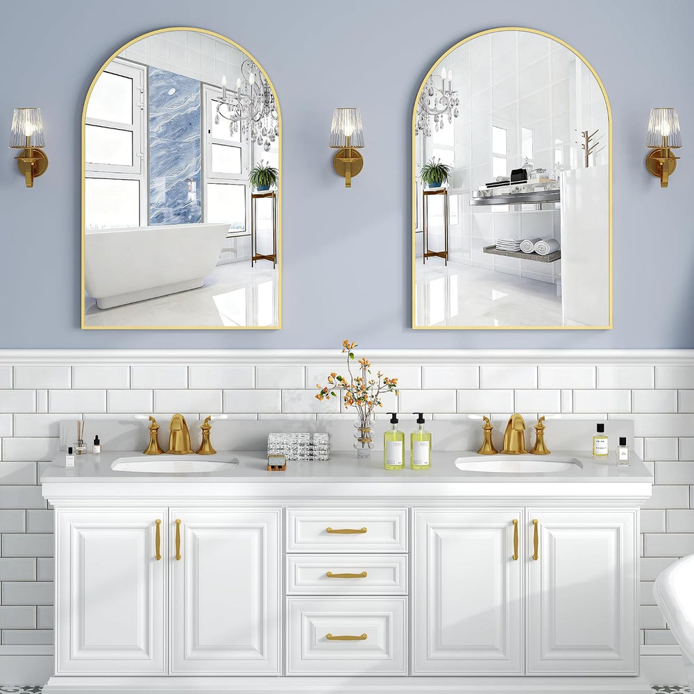 Krymnar Brushed Gold Metal Framed Arched Bathroom Mirror for Wall, 24X36 Inch...