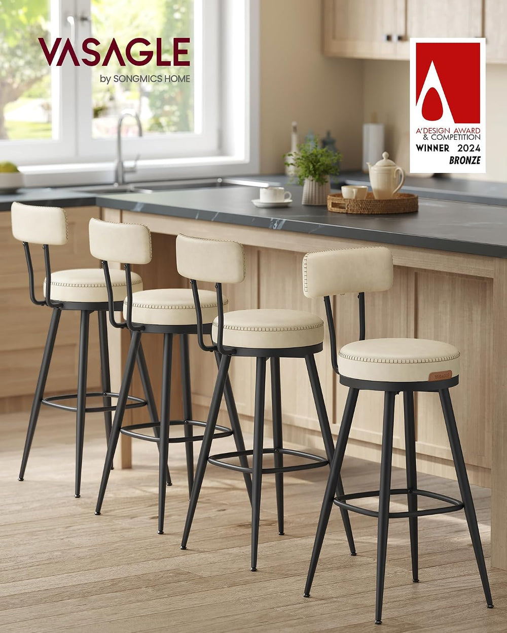 VASAGLE Bar Stools Set of 2, Swivel Counter Height with Back, 25.6-Inch