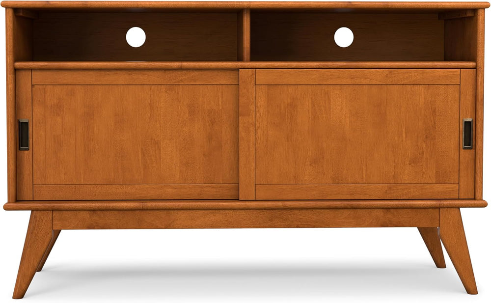 SIMPLIHOME Draper 54" Wide Solid Wood TV Stand in Teak Brown