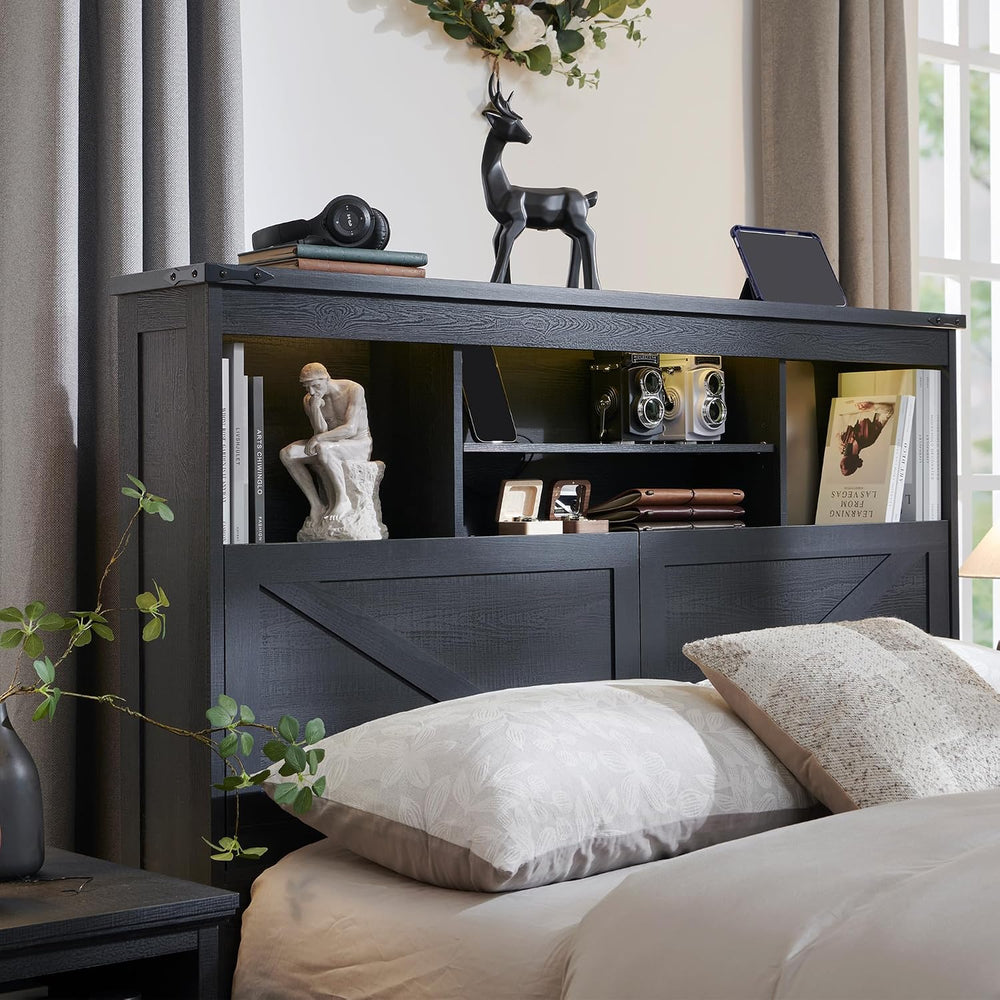 ACCOHOHO Farmhouse King Size Bed Frame with 52" High Storage Bookcase He...