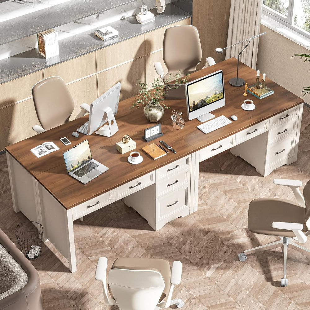 Vabches 55″ Farmhouse Desk with 5 Storage Drawers, Unique White
