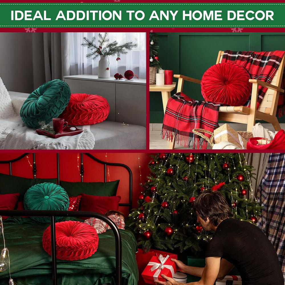 Beeveer 2 Pcs Round Throw Pillows Velvet Pleated Pillows, Red and Green