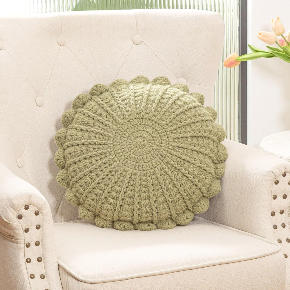 Knitted Throw Pillow Round Couch Pillow (Olive Green, 18inch)