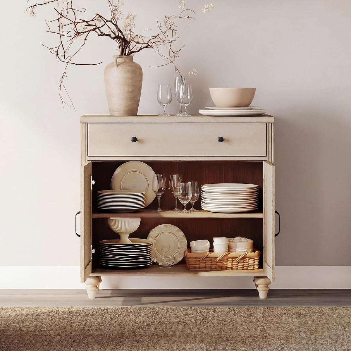 wampat farmhouse buffet cabinet with doors & drawer, side view