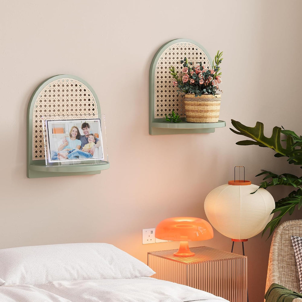 Rattan Shelf Set of 2, 7'' Rattan Shelf with Wicker Decor, Boho Wall ...