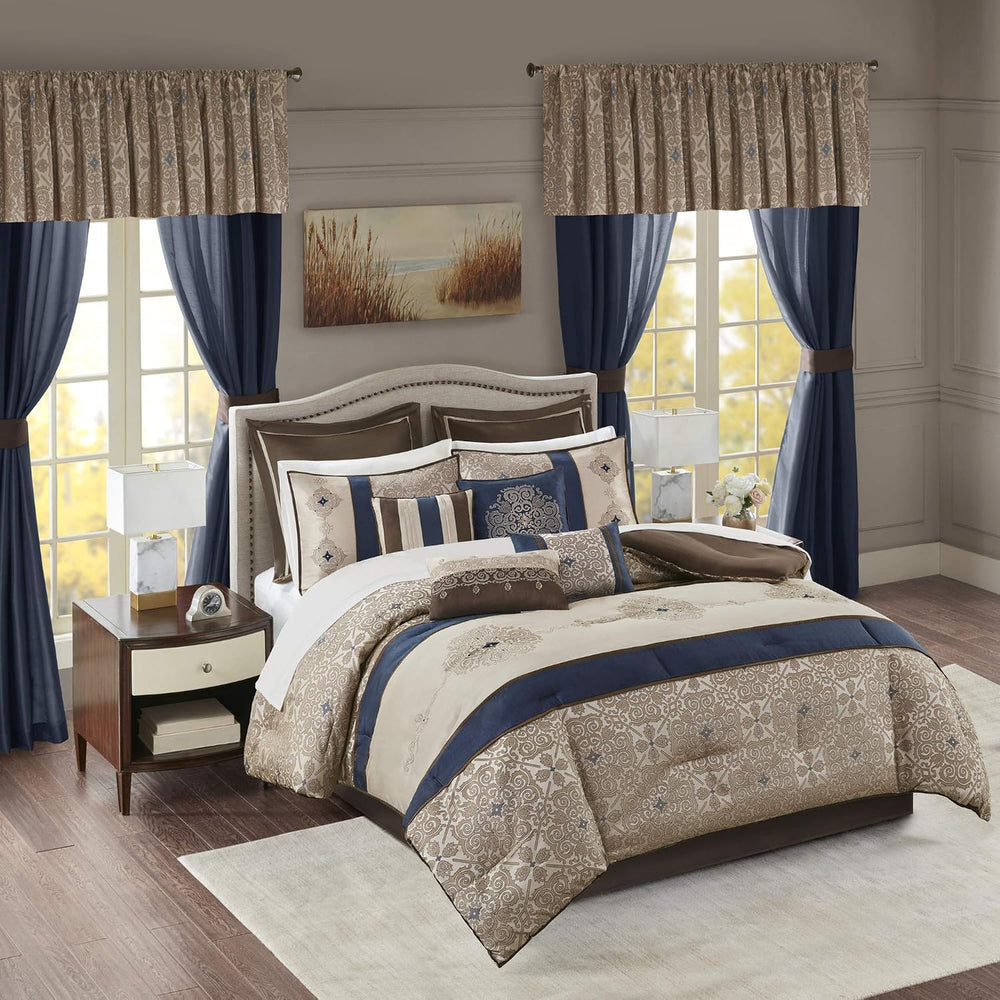 Madison Park Essentials Queen Comforter Set, 24 Piece Room in a Bag Navy