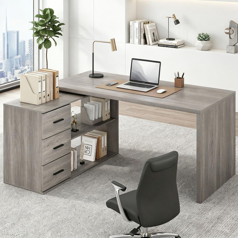 HSH Grey L Shaped Computer Corner Desk with 3 Storage Drawers 60 inch