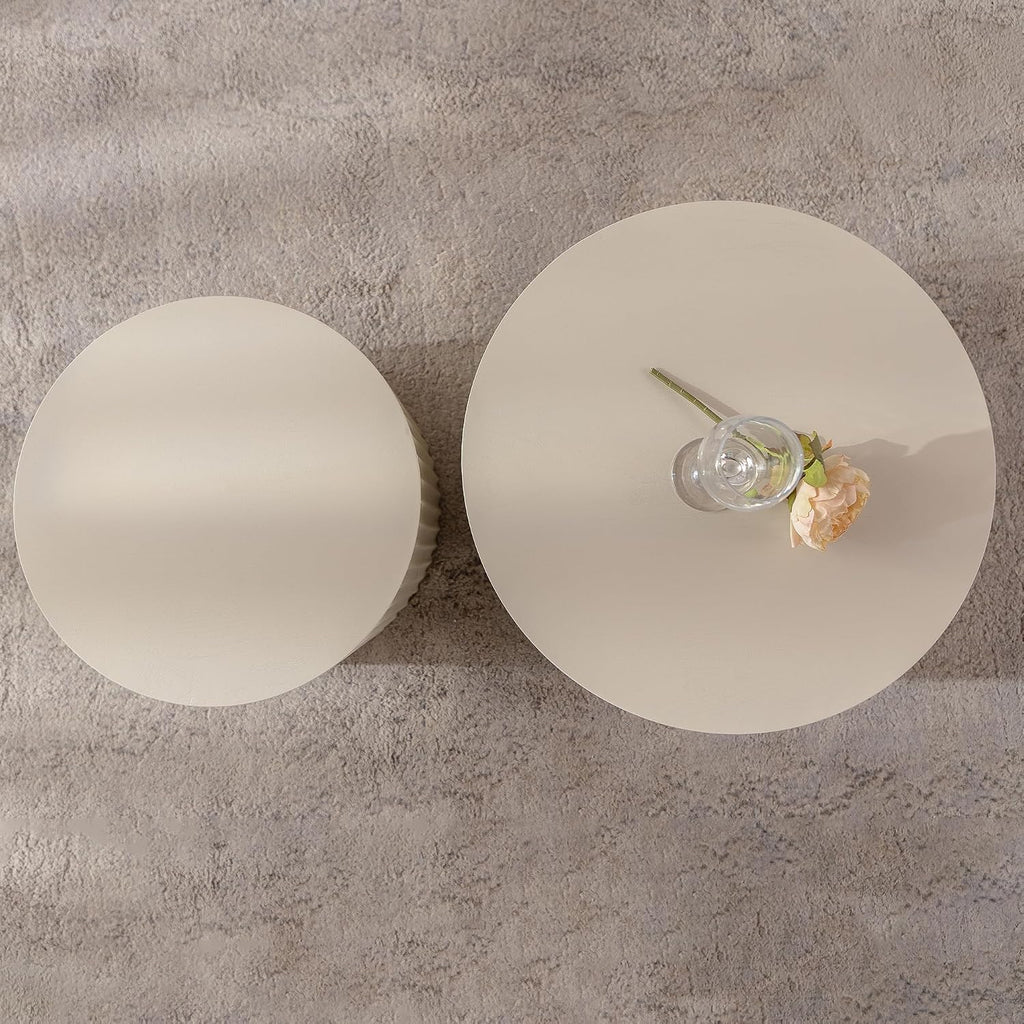 Nesting Round Coffee Table Set of 2, Accent End Table for Small Spaces, Morden Drum Side Table, Wooden Circle Center Table for Living Room, Fully Assembled - Cream White