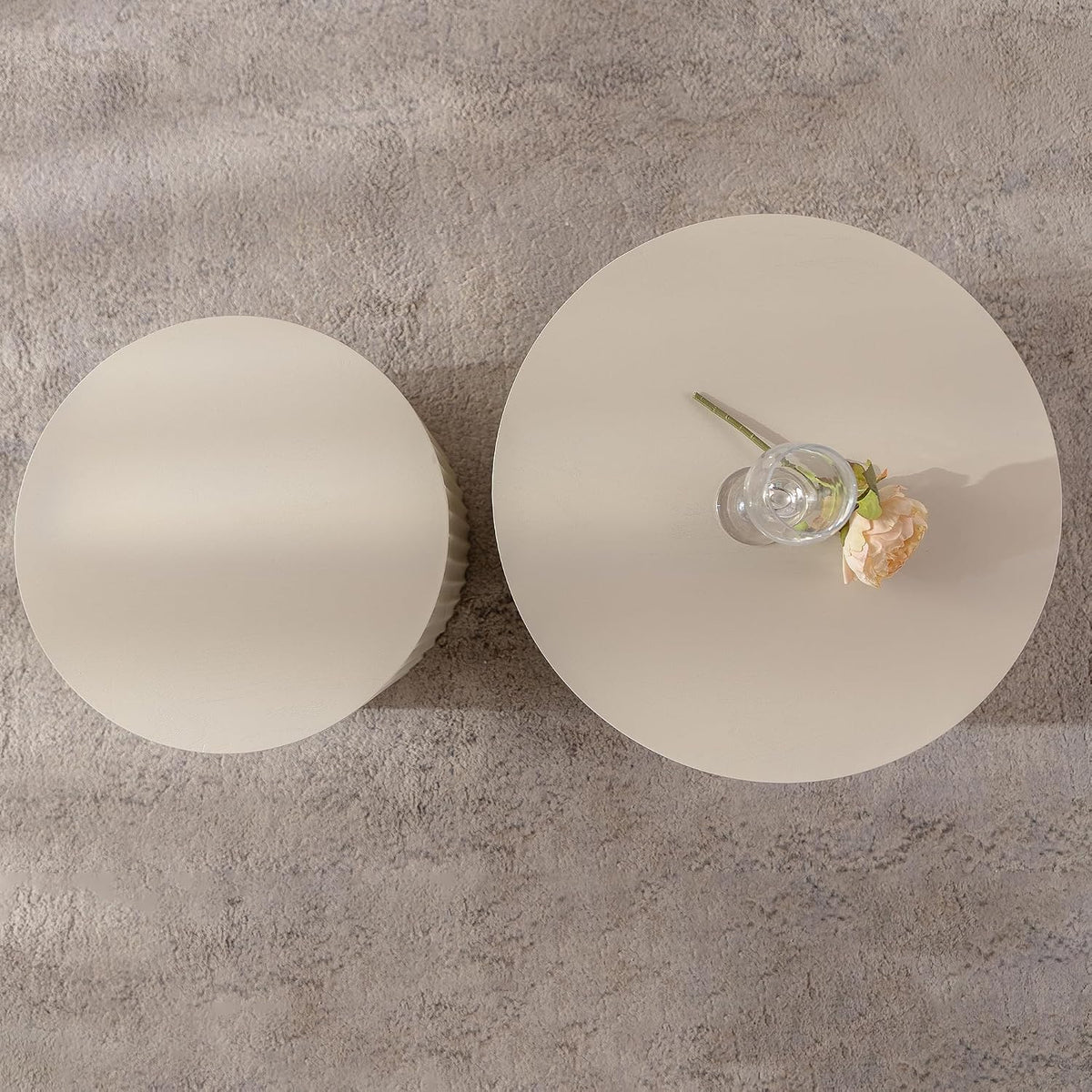 Nesting Round Coffee Table Set of 2, Accent End Table for Small Spaces, Morden Drum Side Table, Wooden Circle Center Table for Living Room, Fully Assembled - Cream White