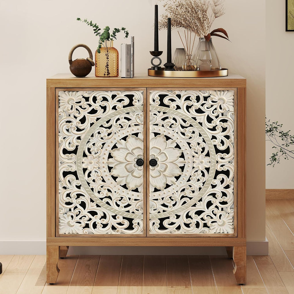 Solid Wood Buffet Cabinet, Accent Cabinet, 2 Carved Doors, White