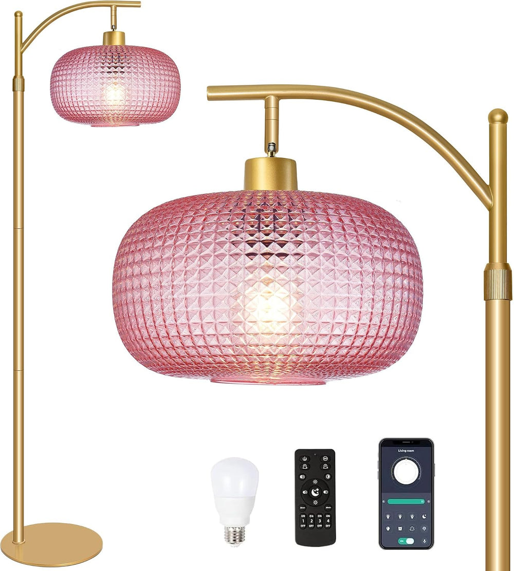 Glass Floor Lamp for Living Room,Modern Standing Lamp with Pink Lamp Shade