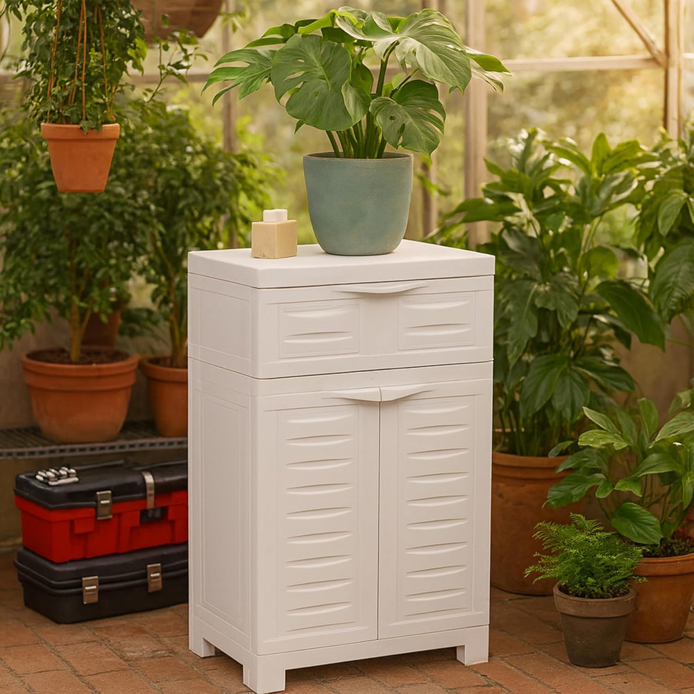 Sunnydaze 34.5" Garage Storage Cabinet with Adjusting Shelf, Speckled White