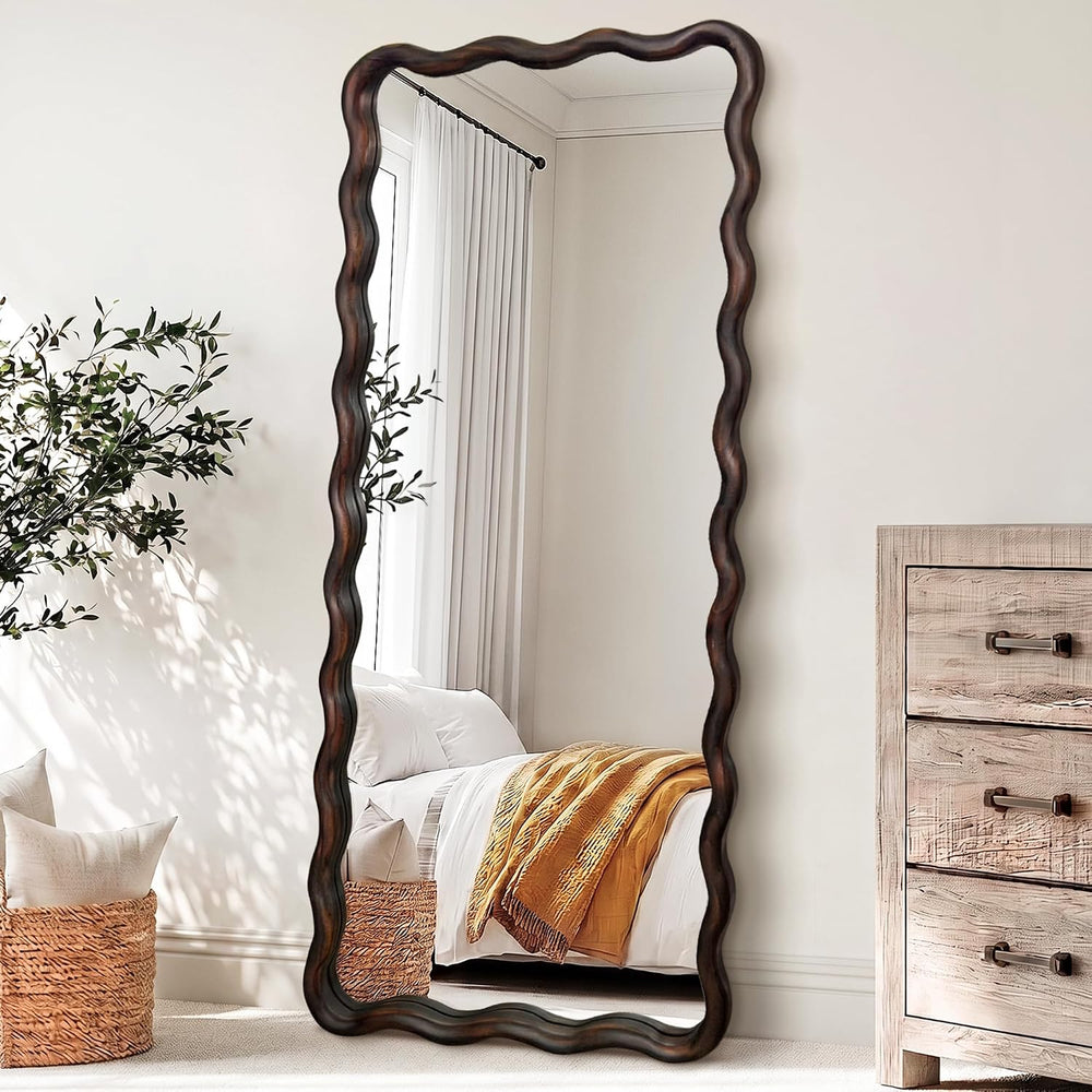 Full Length Mirror, 56”x24” Wavy Floor Mirror Wood Framed,Dark Brown