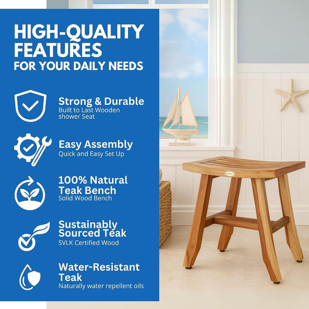 EcoDecors Satori 18-Inch Natural Teak Shower Stool, Waterproof