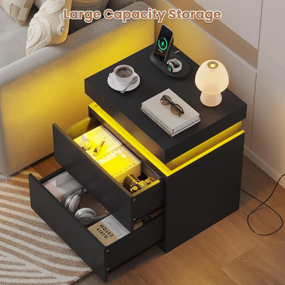 ADORNEVE Small Nightstand with Charging Station and LED Lights,Black
