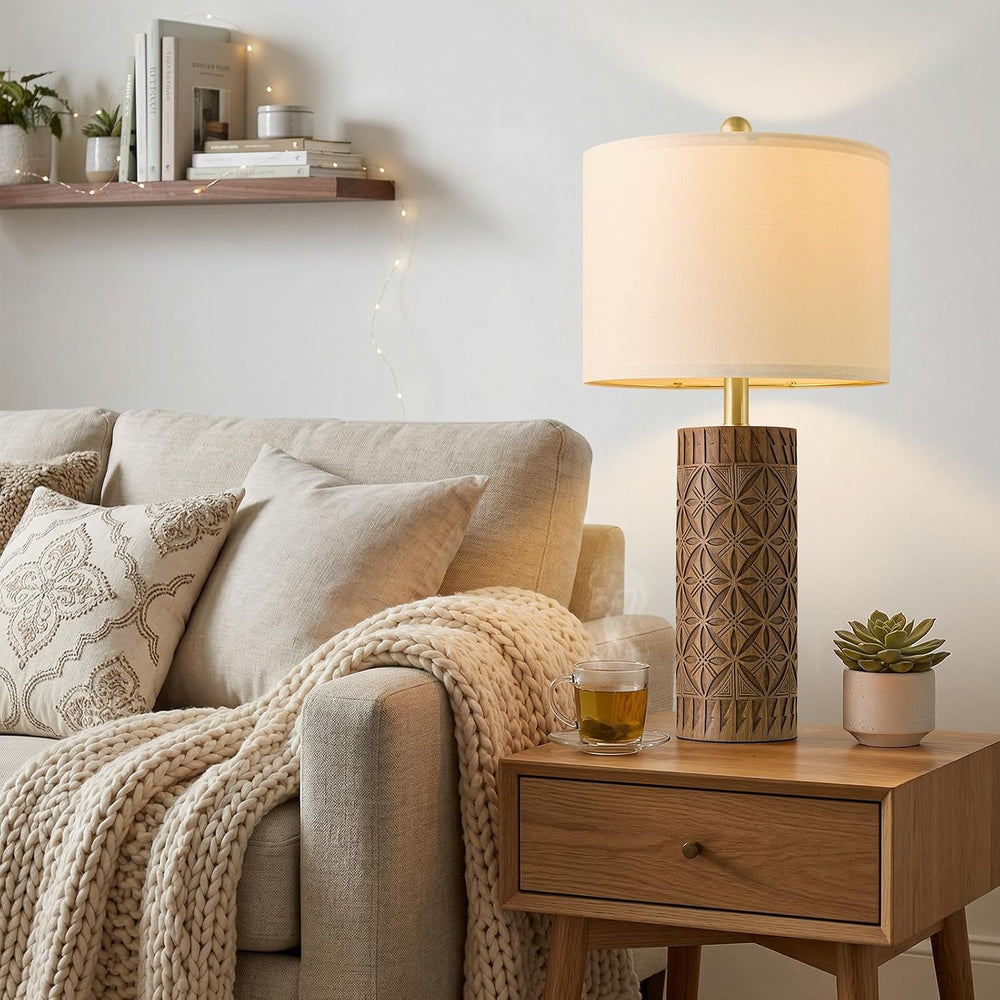 BOBOMOMO 24.25" Modern Farmhouse Table Lamps Set of 2, Geometric Wood Gr...