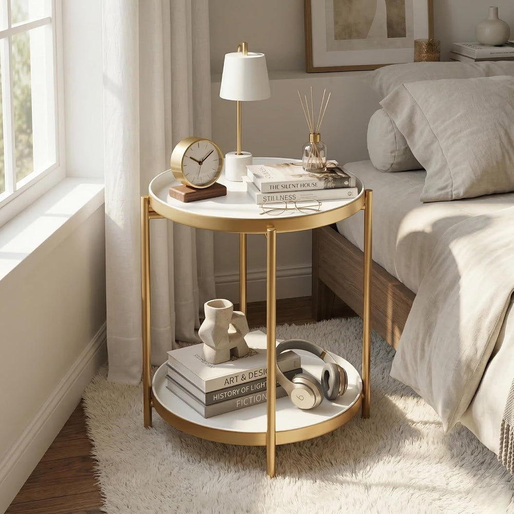 TeoKJ 2 Tier Gold Side Table, Folding Round Metal End Table Small Nightstand ...