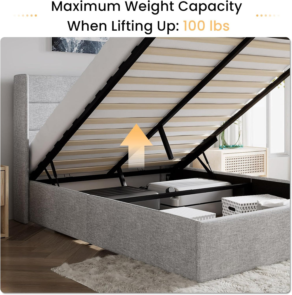 SHA CERLIN Queen Size Lift Up Hydraulic Storage Bed Frame Light Grey