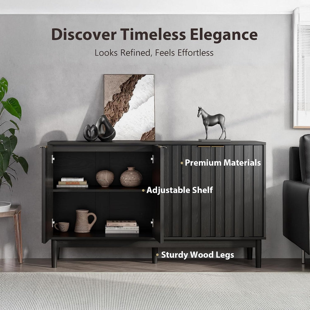 55" Fluted Buffet Cabinet with Storage, Accent Cabinet, Black