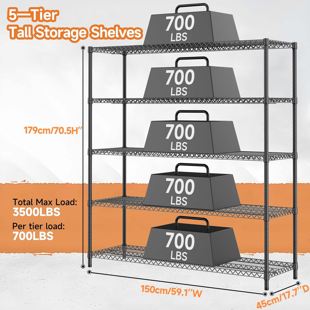 M MZG 3500LBS 59" W 5 Tiers Storage Shelves, Metal Shelving Wire Metal S...